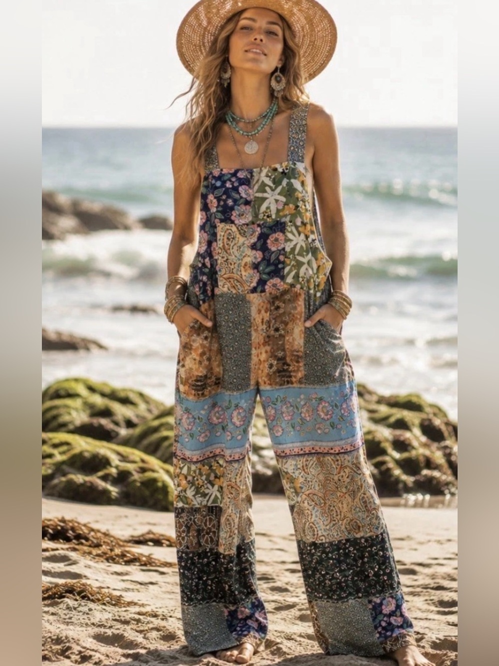 H293 NWT Yak n Yeti L/XL 18-22 Patchwork Wide-Leg Jumpsuit - Multi overall pants